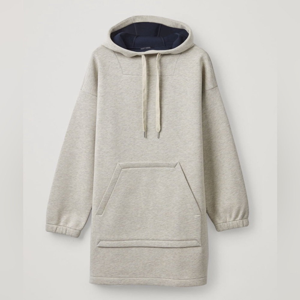 COS Scuba Hooded Dress M/L Kangaroo Pocket Grey Cream Drawstring Hood Modern - Picture 4 of 12